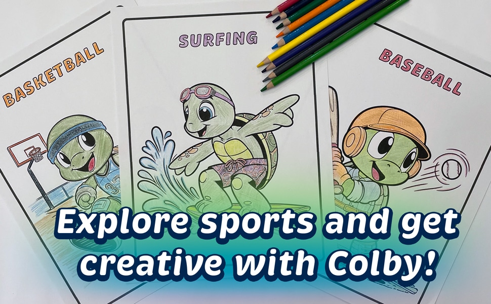 Example coloring book pages for Colby the Turtle Learns About Sports